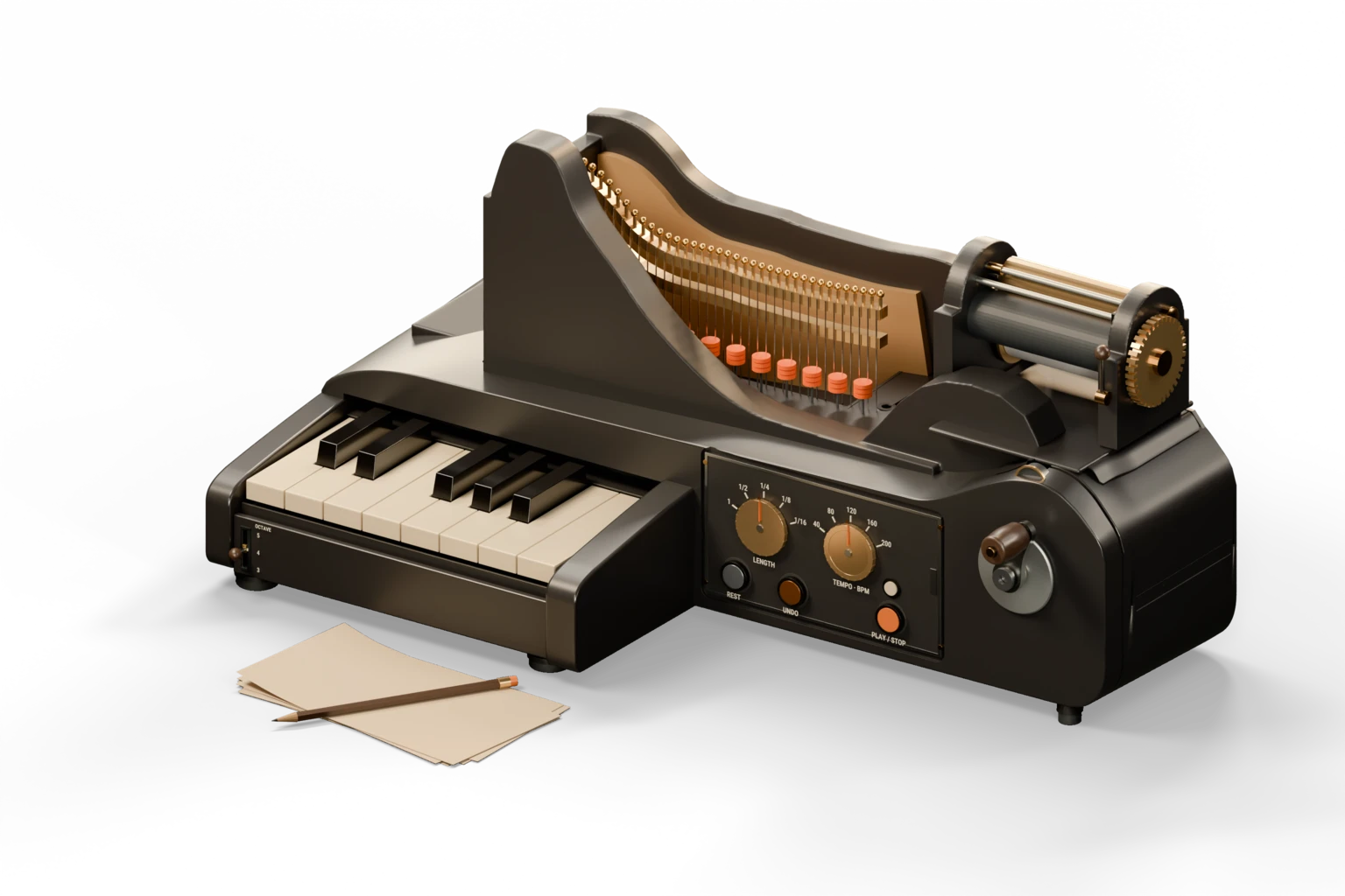 The composing machine: a charcoal case with ivory and black keys, a brass string action with orange dampers, a control panel, a hand crank, a sheet cutter, and blank paper waiting in its print rollers.