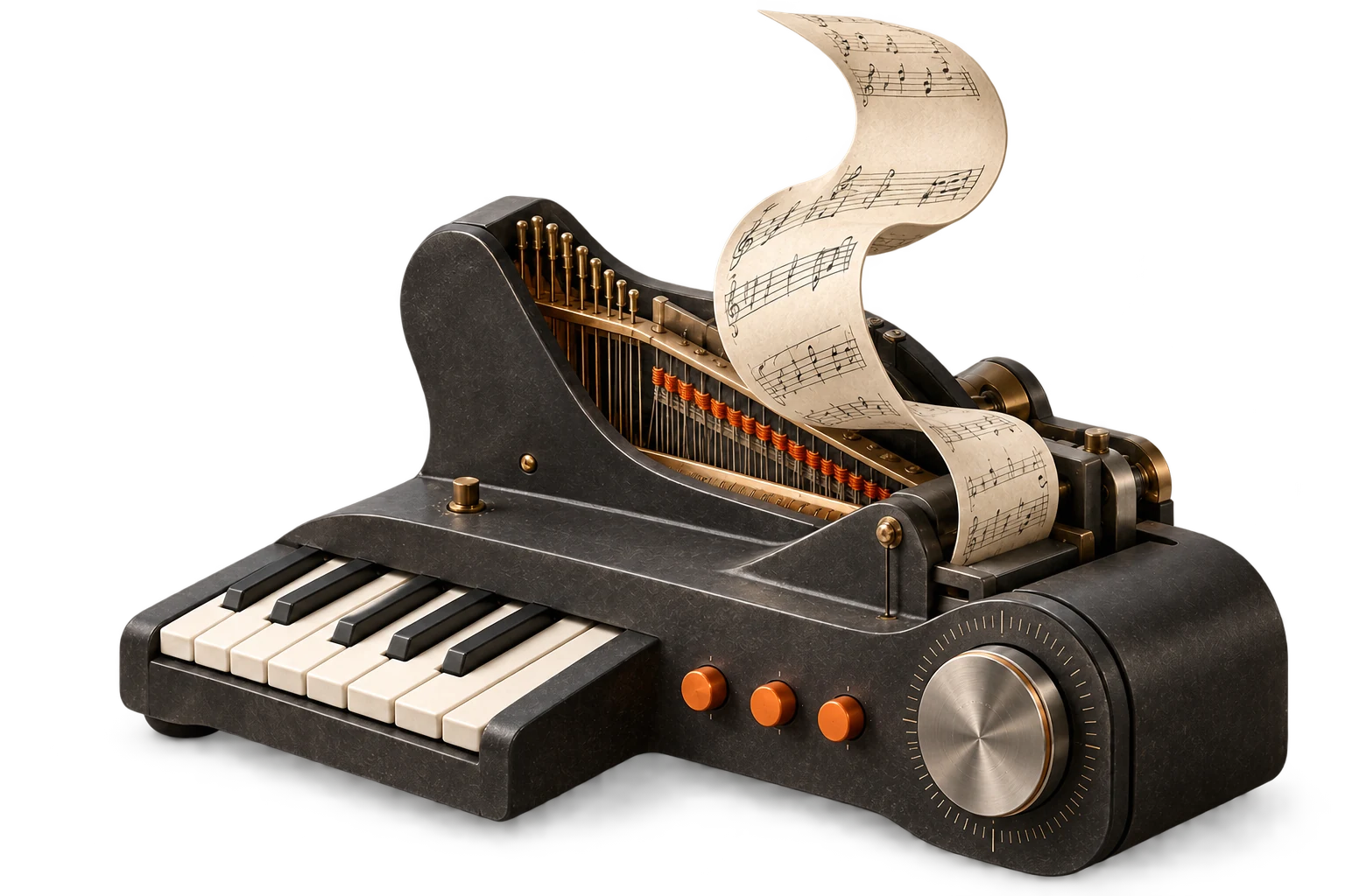 The original imagined instrument: a sculpted dark metal case, piano keyboard, brass mechanism, orange controls and flowing manuscript.